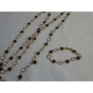 Vtg Glass Dome Crystal BEADS Gold Edged GREEN CLEAR Long Necklace & Bracelet‎ JA